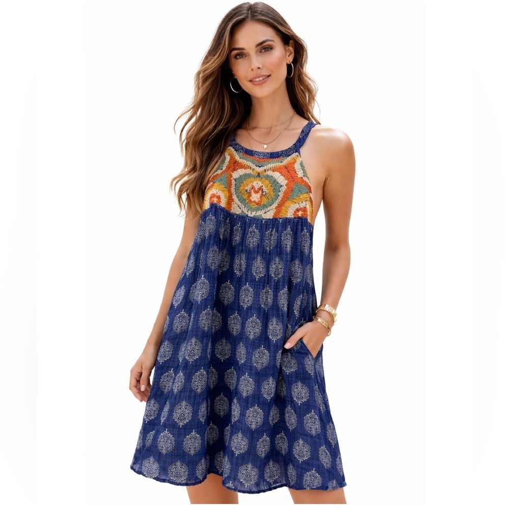 THML Navy Printed Halter Embroidery Mini
Dress